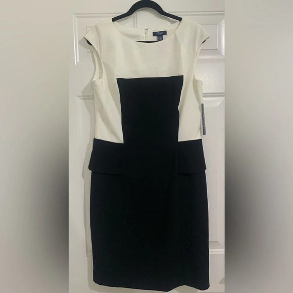 NWT Women's Chaps Black/Cream Cap Sleeve Color Block Paneled Sheath Dress Sz 14 - Picture 1 of 3